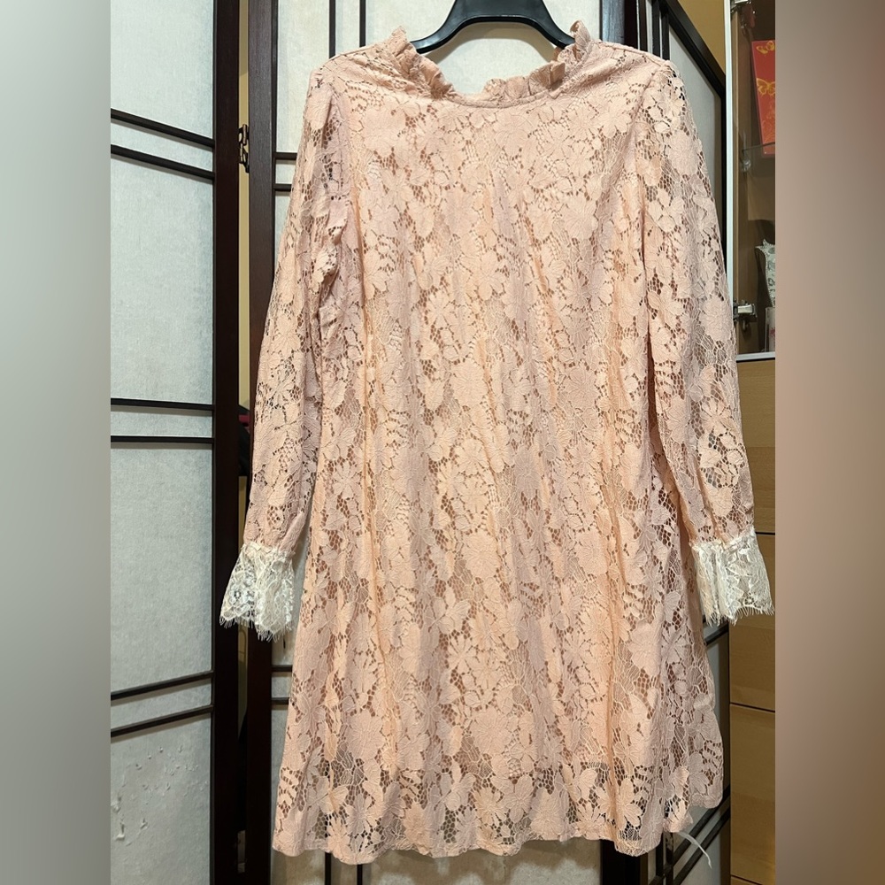 Cream Pink Ruffle Crew Neck Floral Lace Shift Dress